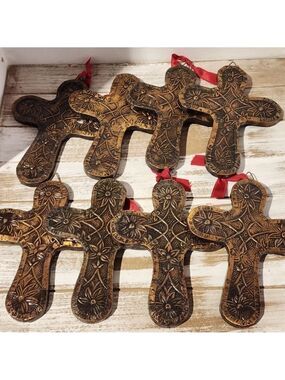 Copper and wood hammered floral cross wall decor ornaments lot of 8